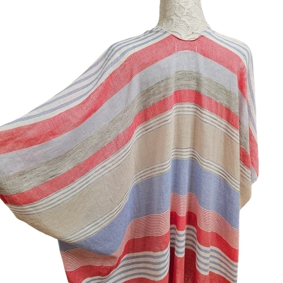 By Anthropologie Kimono Boho Striped Open Front Cotton Fringe Hem Beachy Poncho - Picture 8 of 11